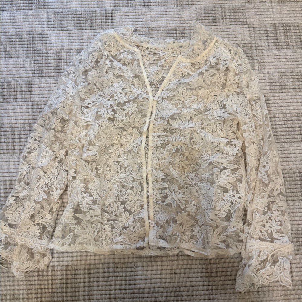 Delicate Floral Lace Button-Up Top in Cream